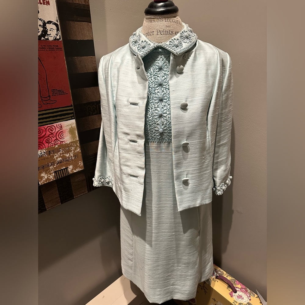 1950’s Montaldo’s Light Blue Silk Embroidered Dress with Jacket - RARE FIND!!